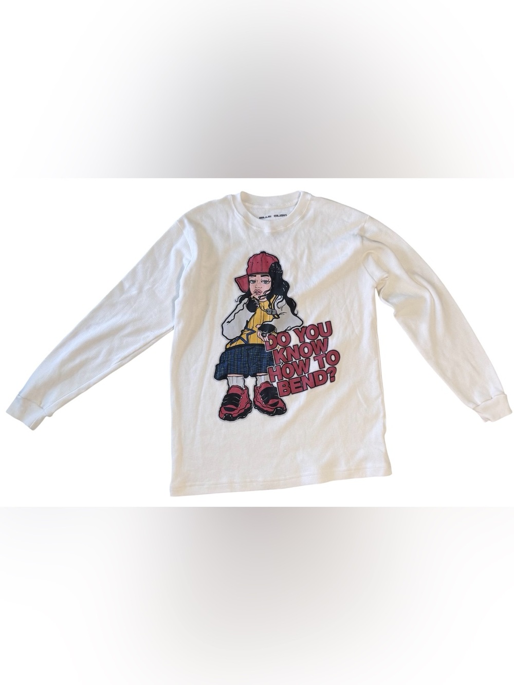 Billie Elish White Long Sleeve Thermal Graphic Tee with photon of Billie Elish.
